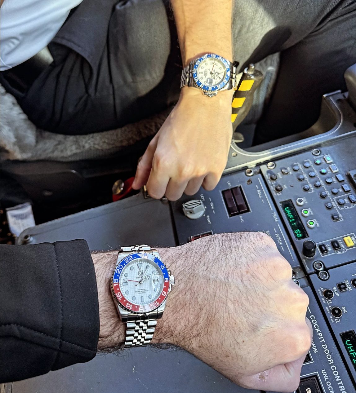 Somerada GMT on the wrist at the thrust levers in the cockpit