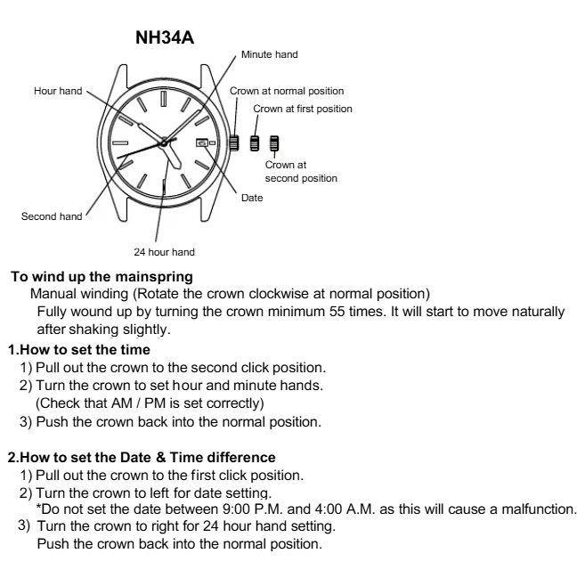 NH34 movement manual: crown positions, winding, setting time and date